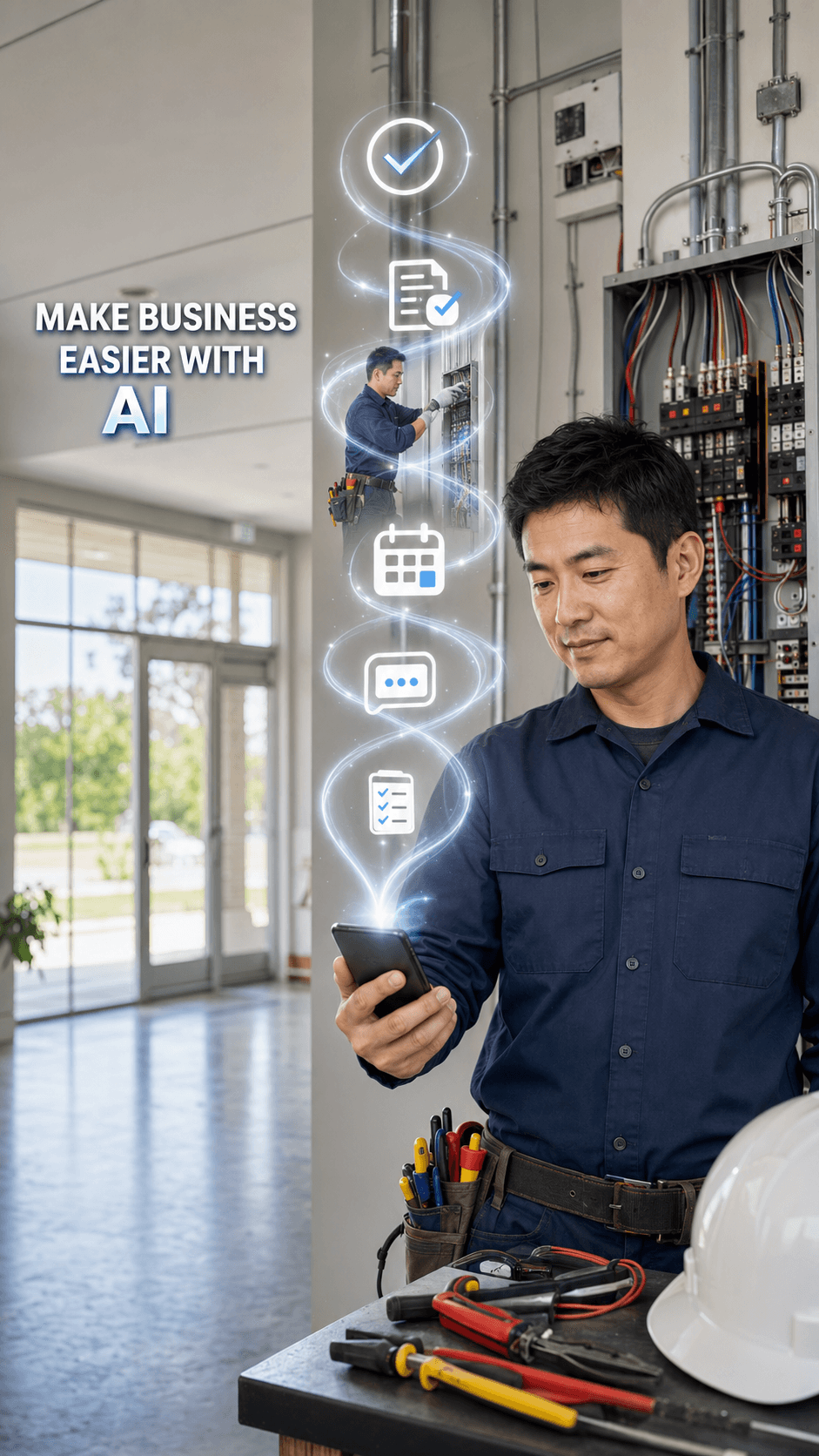 Electrician using a smartphone while AI organizes scheduling, follow-up, and business tasks.
