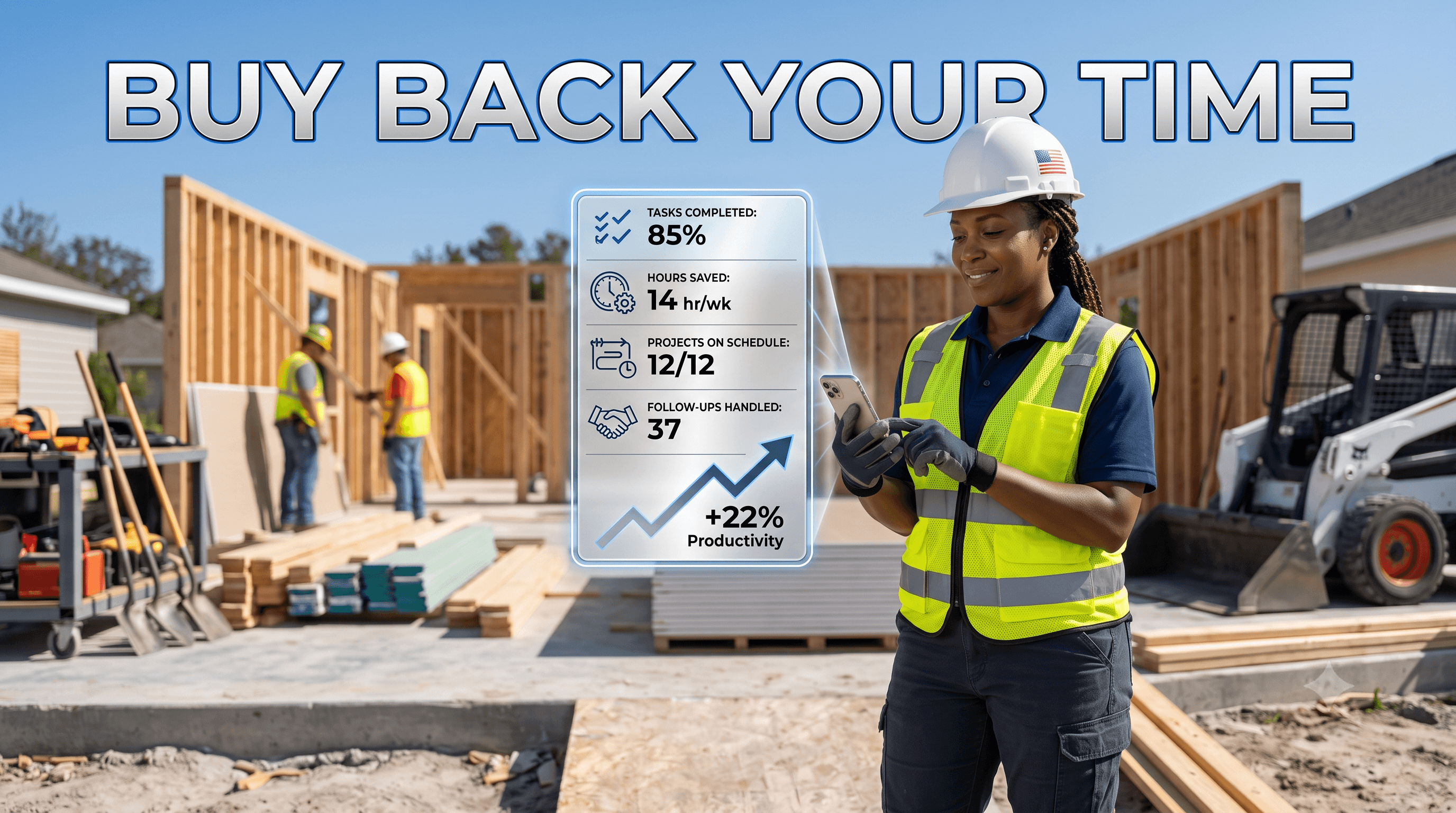 Construction business owner reviewing an illustrative AI productivity dashboard on a job site.