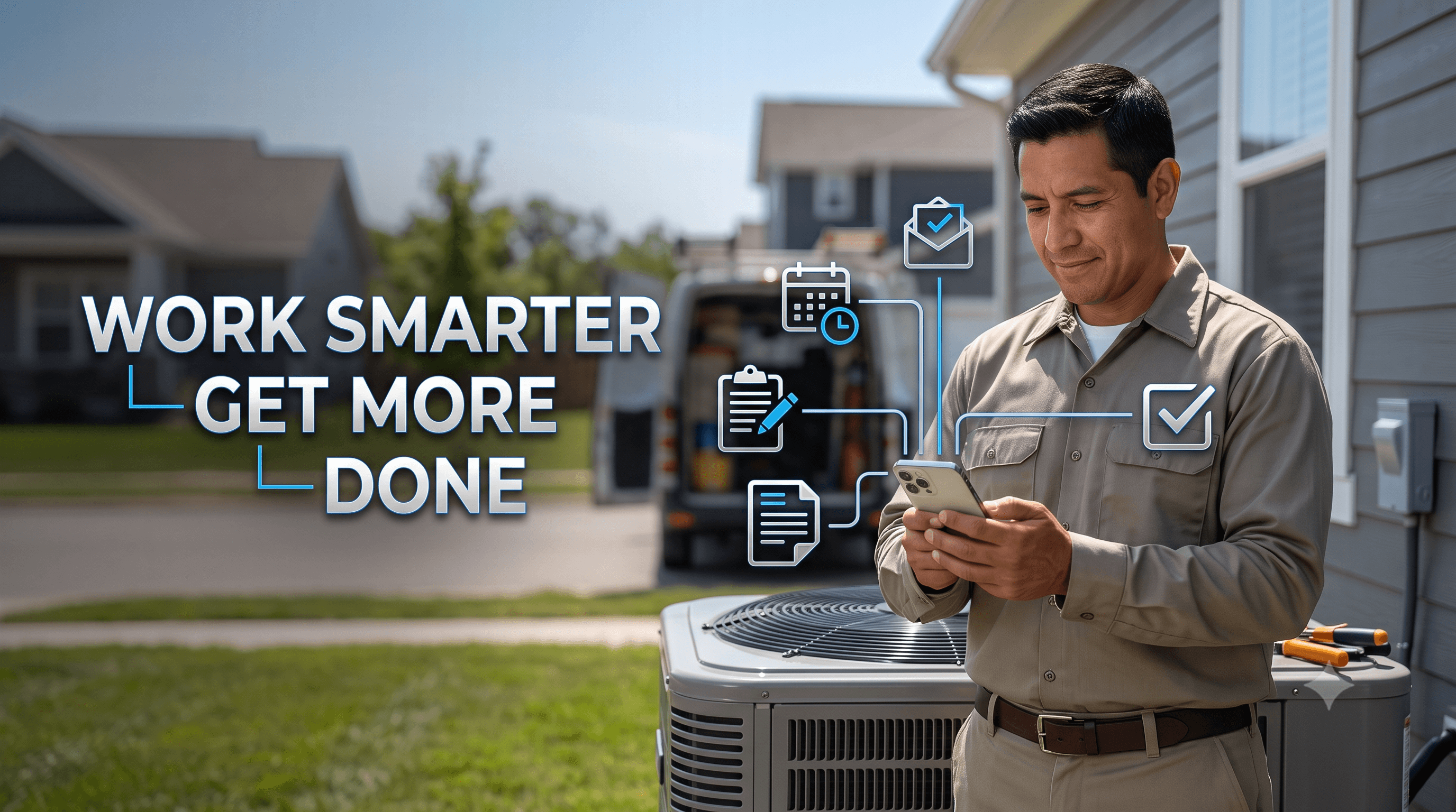 HVAC professional using AI-assisted scheduling, documents, email, and task management.