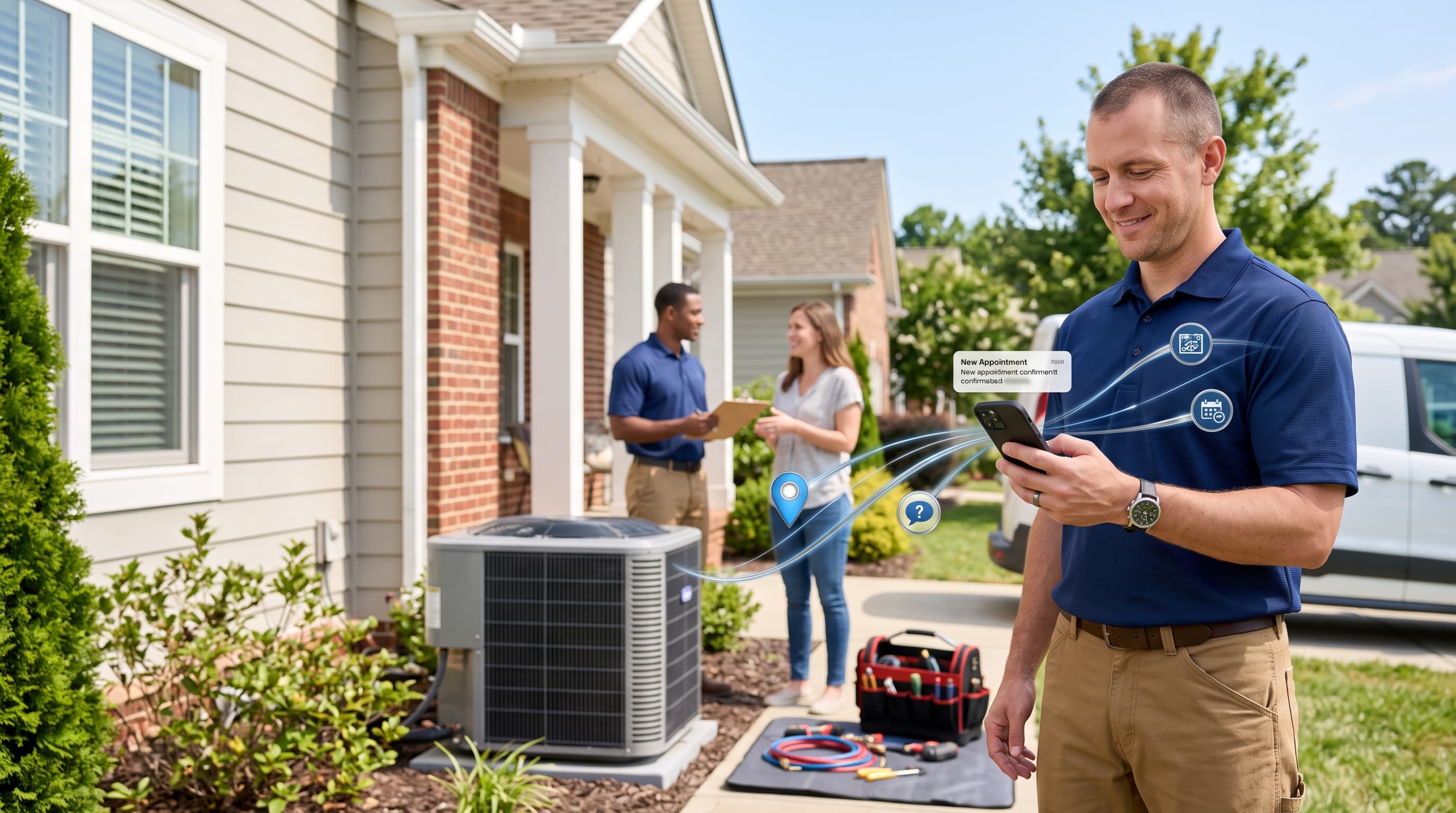 Home-service professional receiving a new customer opportunity while working at a residential HVAC property.